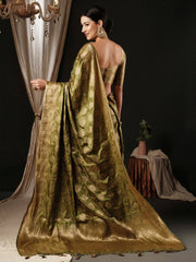 Women's Satin Olive Woven Design Designer Saree With Blouse Piece-AQRIUS04E