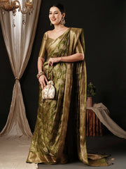 Women's Satin Olive Woven Design Designer Saree With Blouse Piece-AQRIUS04E