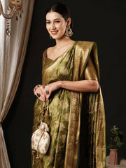 Women's Satin Olive Woven Design Designer Saree With Blouse Piece-AQRIUS04E