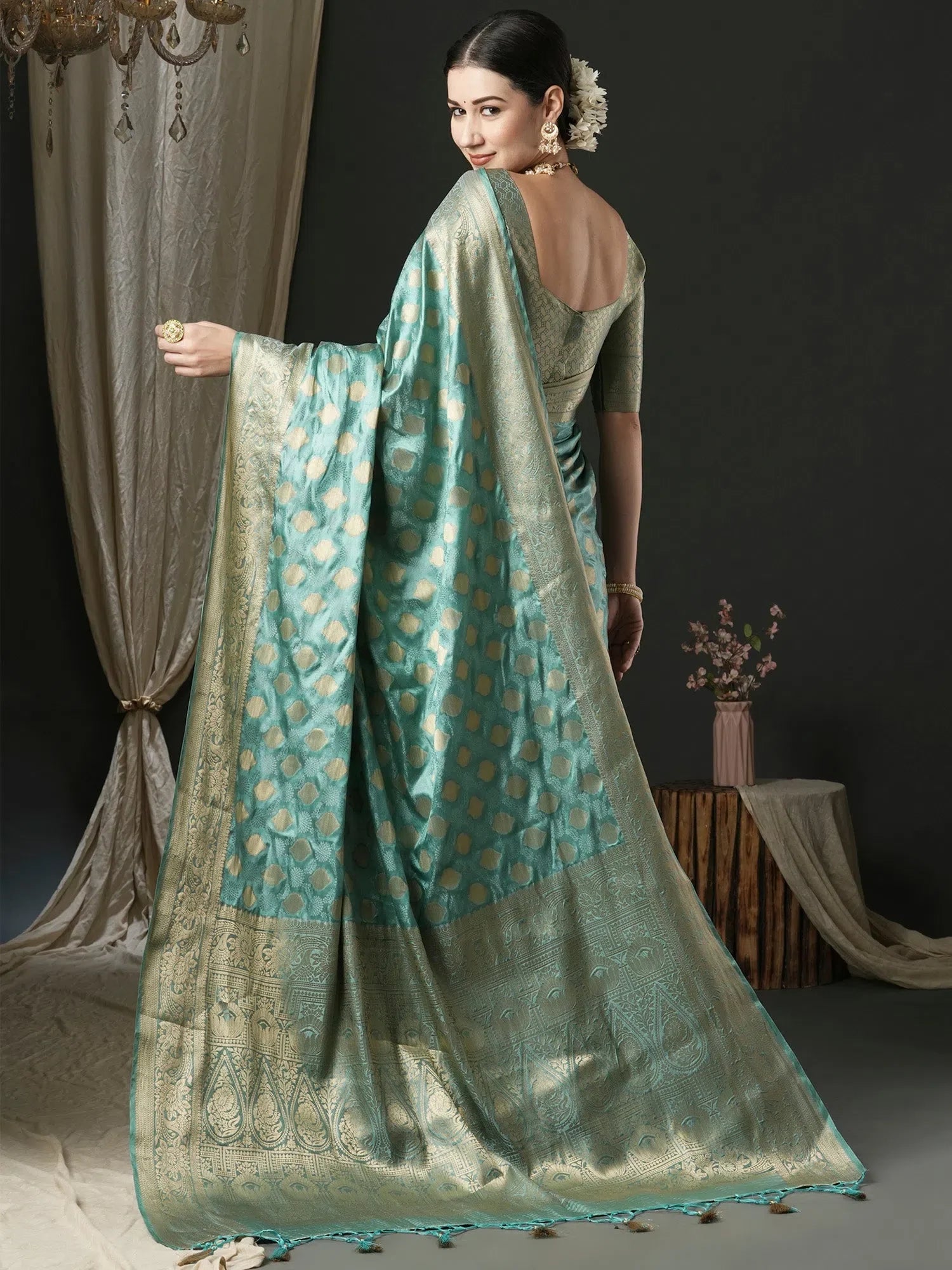 Turquoise Satin Saree - Designer Sarees India