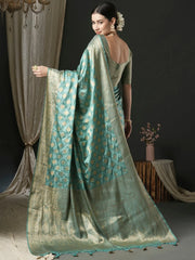 Women's Satin Turquoise Woven Design Designer Saree With Blouse Piece-AQRIUS05A