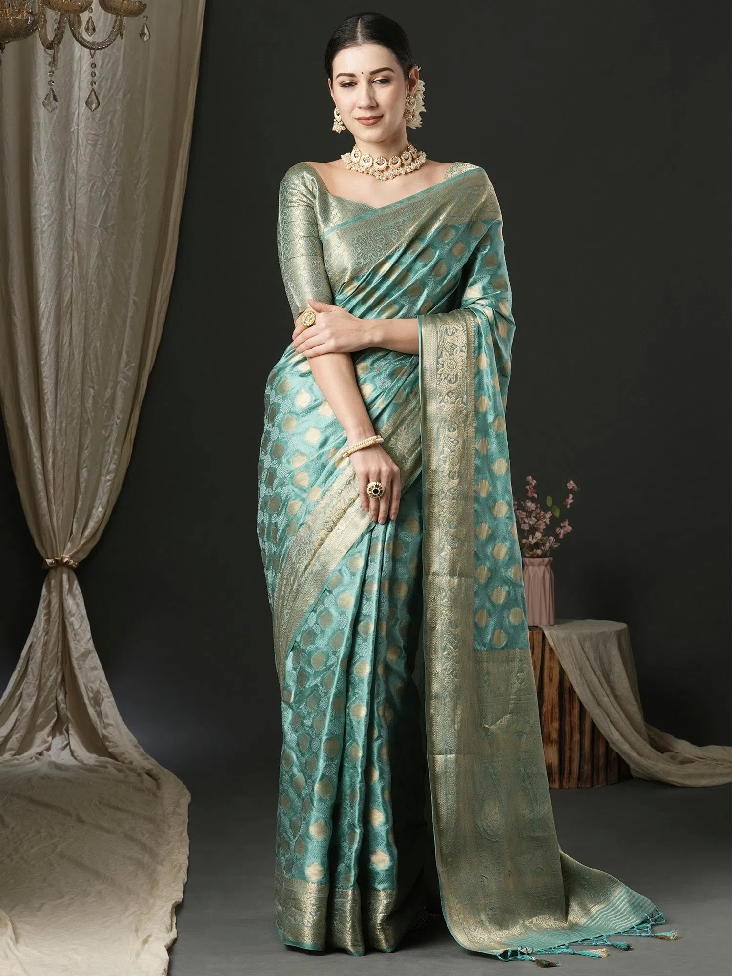 Turquoise Satin Saree - Designer Sarees India