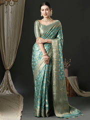 Women's Satin Turquoise Woven Design Designer Saree With Blouse Piece-AQRIUS05A