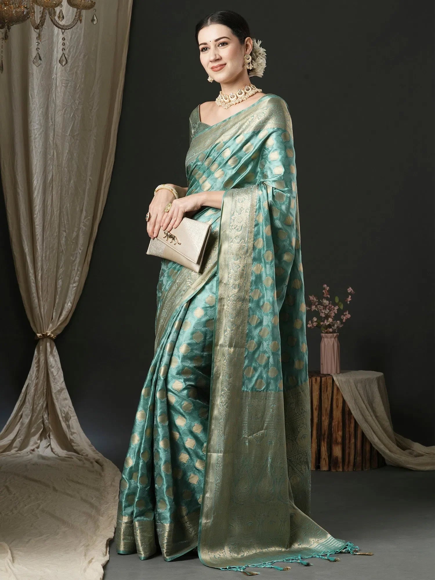 Turquoise Satin Saree - Designer Sarees India