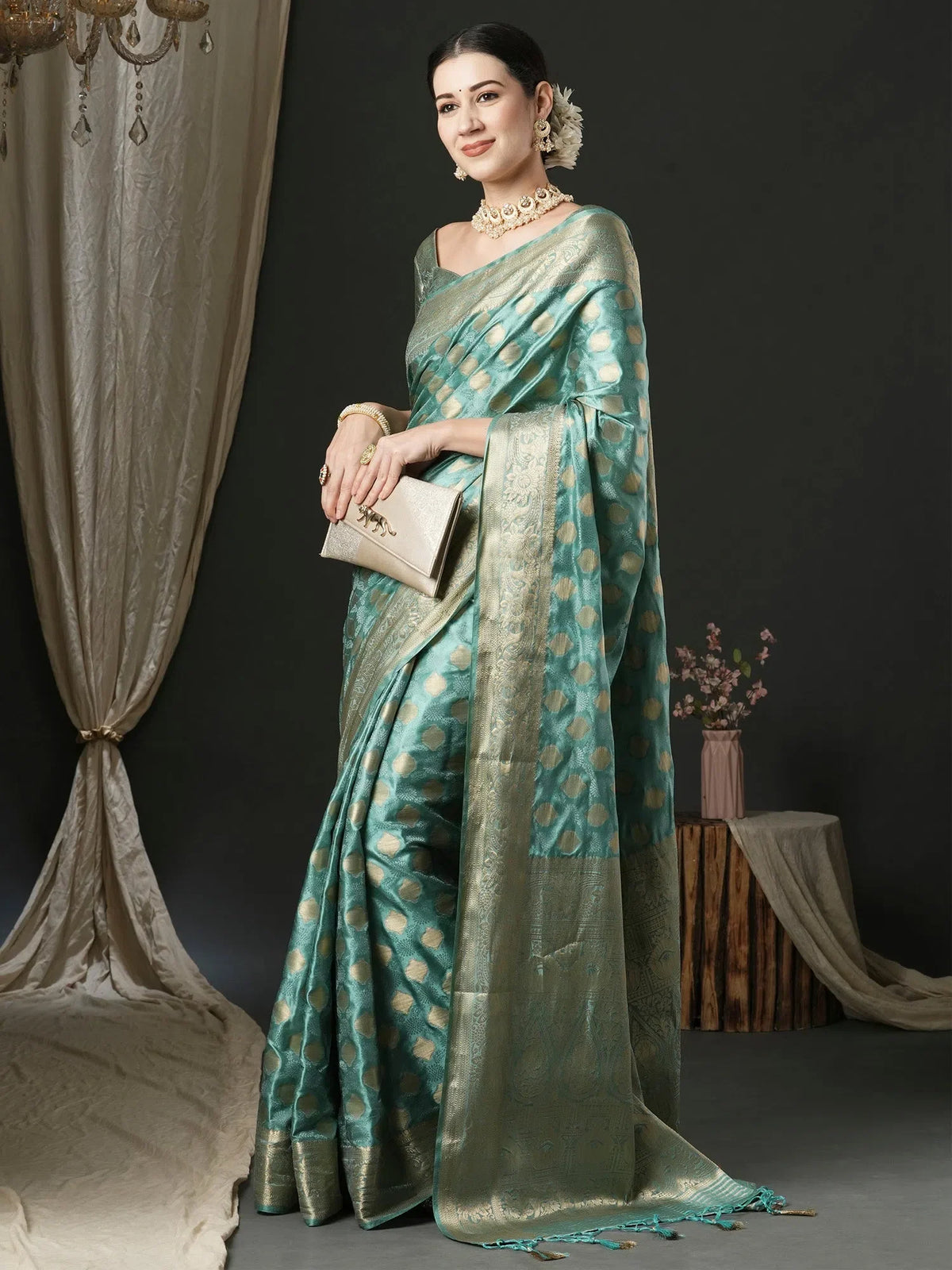 Women's Satin Turquoise Woven Design Designer Saree With Blouse Piece-AQRIUS05A