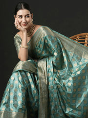 Women's Satin Turquoise Woven Design Designer Saree With Blouse Piece-AQRIUS05A