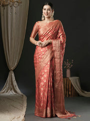 Women's Satin Peach Woven Design Designer Saree With Blouse Piece-AQRIUS05B