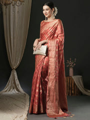 Women's Satin Peach Woven Design Designer Saree With Blouse Piece-AQRIUS05B