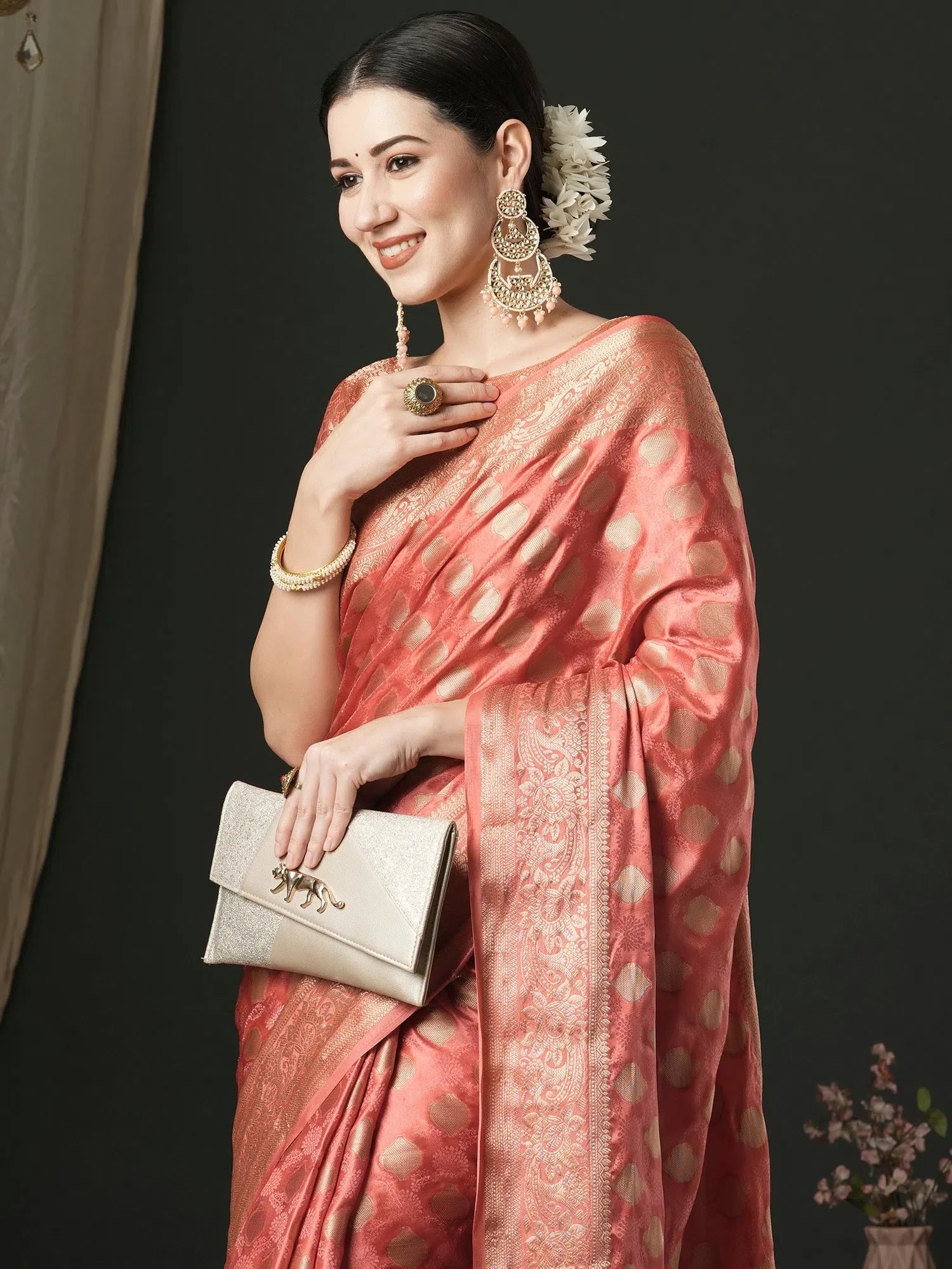 Peach Satin Saree with Blouse | Exclusive Designer Sarees India