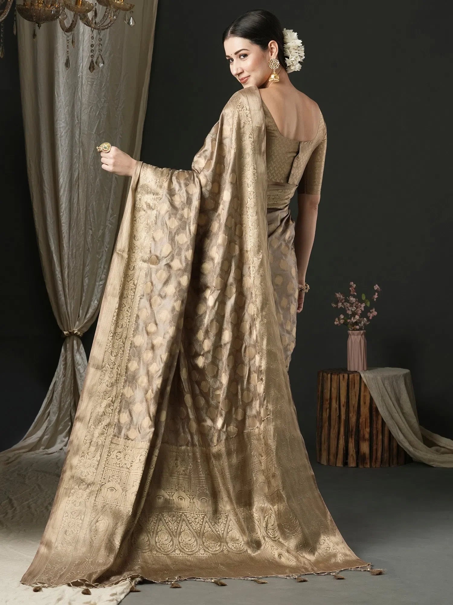 Beige Satin Saree with Blouse - Designer Indian Sari