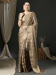 Women's Satin Beige Woven Design Designer Saree With Blouse Piece-AQRIUS05C