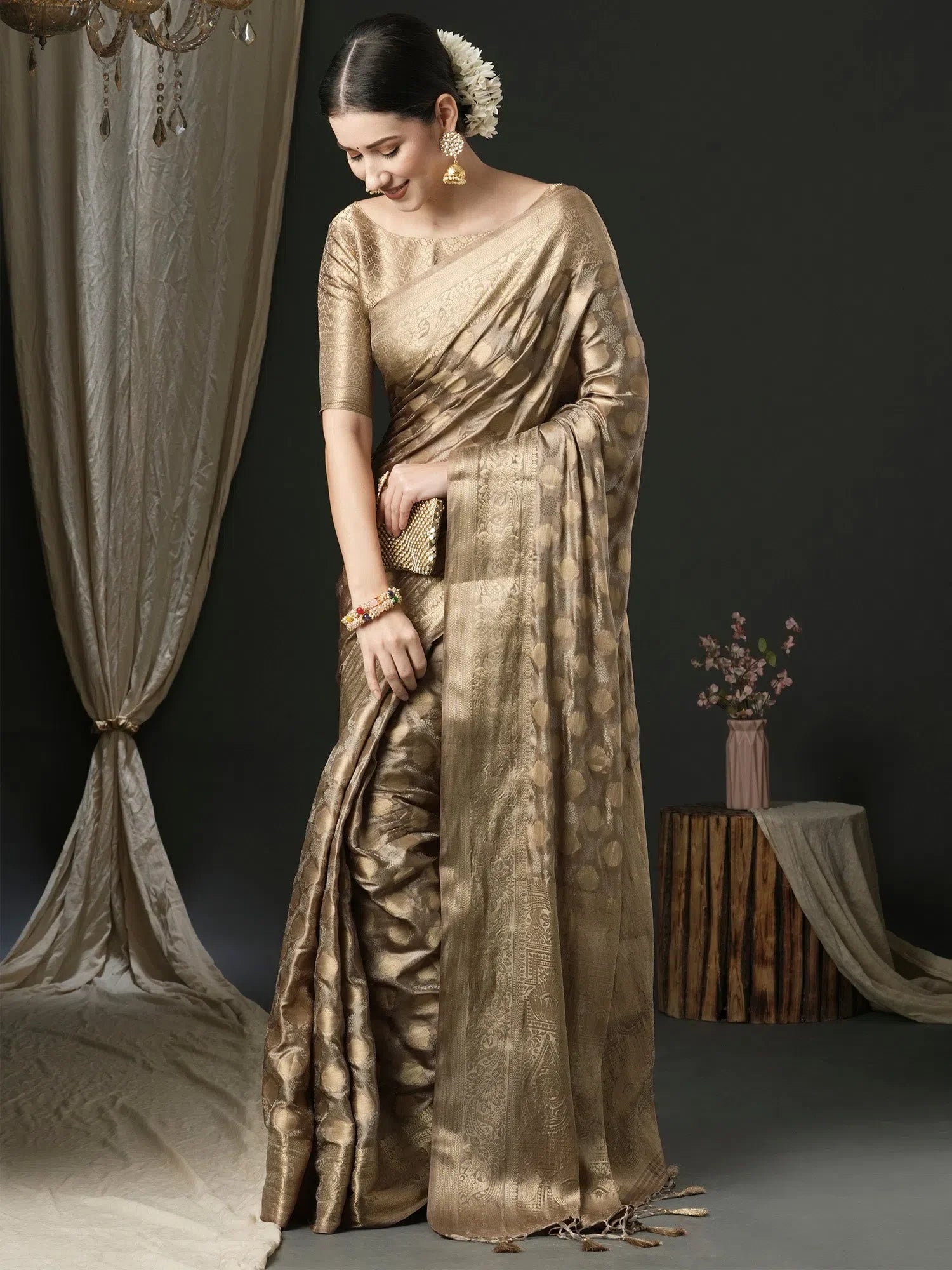 Beige Satin Saree with Blouse - Designer Indian Sari