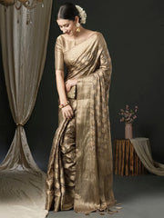 Women's Satin Beige Woven Design Designer Saree With Blouse Piece-AQRIUS05C