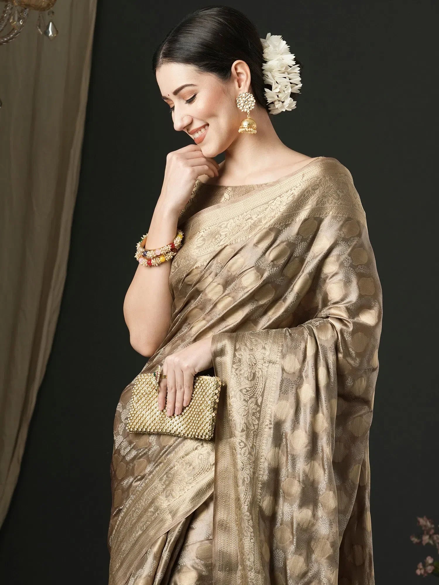 Beige Satin Saree with Blouse - Designer Indian Sari