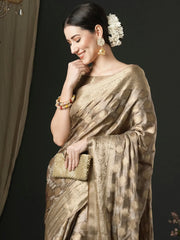 Women's Satin Beige Woven Design Designer Saree With Blouse Piece-AQRIUS05C