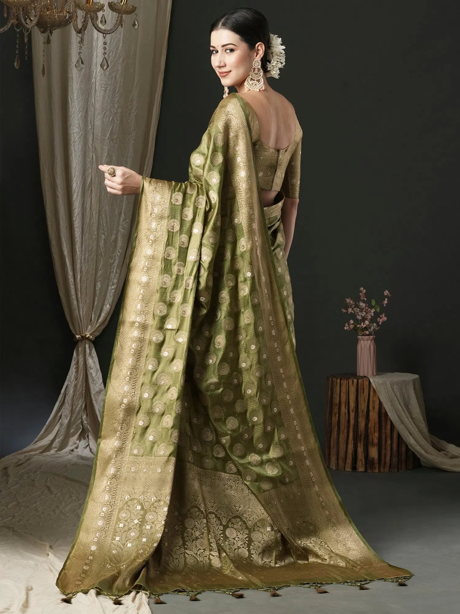 Olive Satin Saree | Indian Sari, Designer Look
