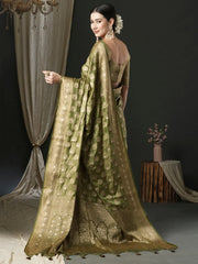 Women's Satin Olive Woven Design Designer Saree With Blouse Piece-AQRIUSDLX04B
