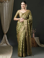 Women's Satin Olive Woven Design Designer Saree With Blouse Piece-AQRIUSDLX04B