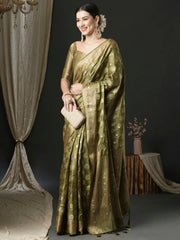 Women's Satin Olive Woven Design Designer Saree With Blouse Piece-AQRIUSDLX04B