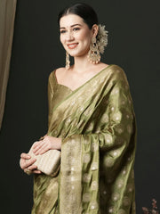 Women's Satin Olive Woven Design Designer Saree With Blouse Piece-AQRIUSDLX04B