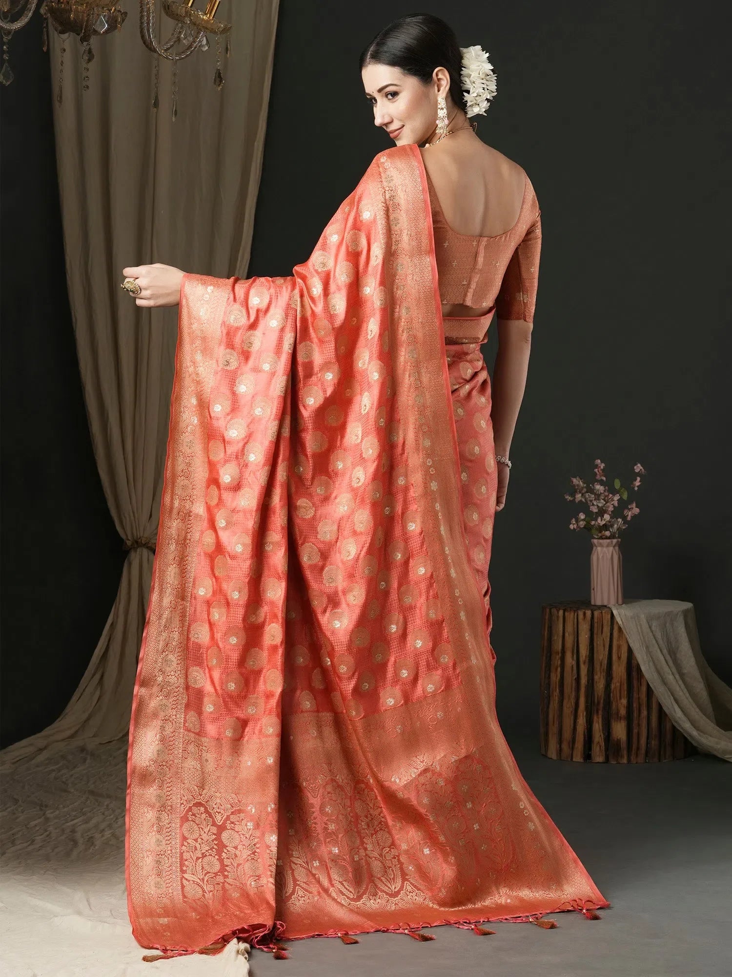 Peach Satin Saree with Blouse | Designer Sarees India