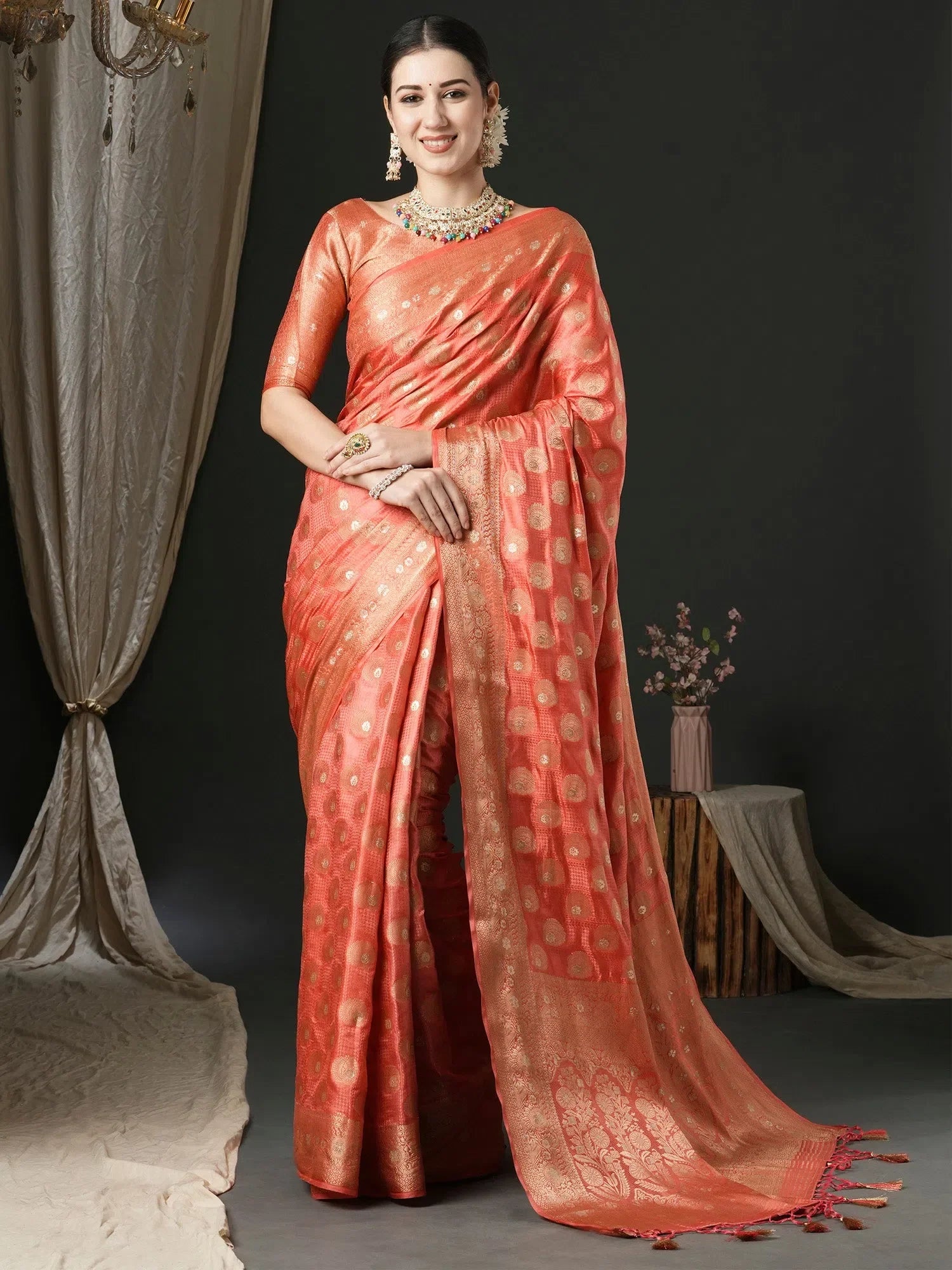 Peach Satin Saree with Blouse | Designer Sarees India