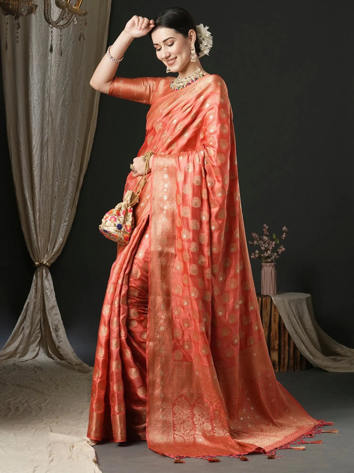 Peach Satin Saree with Blouse | Designer Sarees India