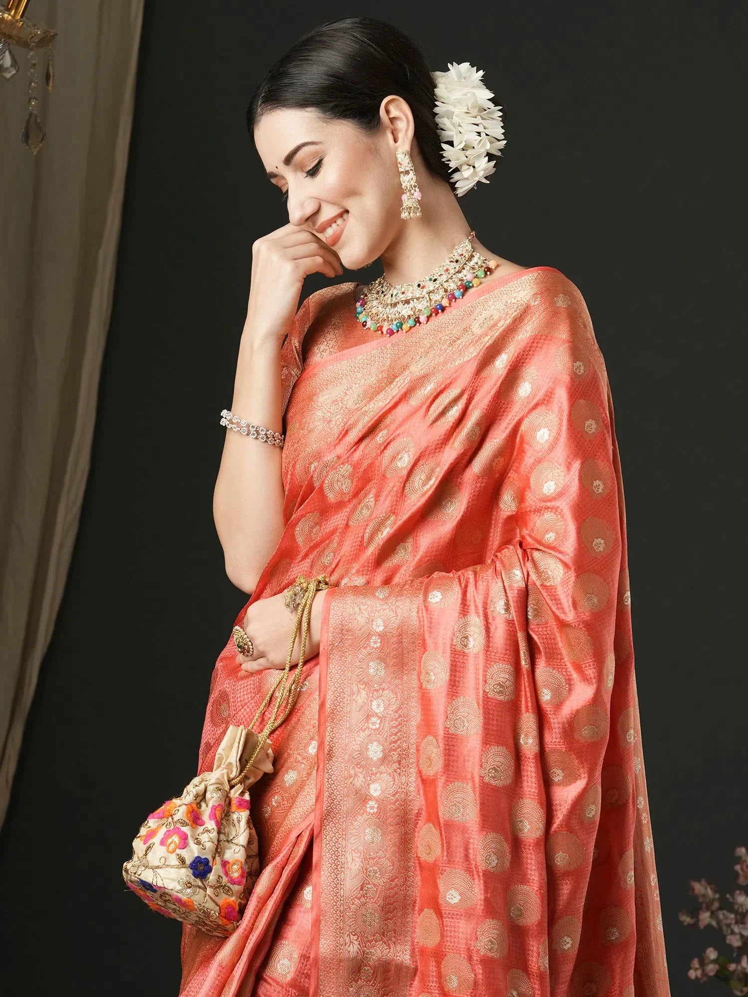 Peach Satin Saree with Blouse | Designer Sarees India