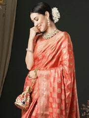 Women's Satin Peach Woven Design Designer Saree With Blouse Piece-AQRIUSDLX04C