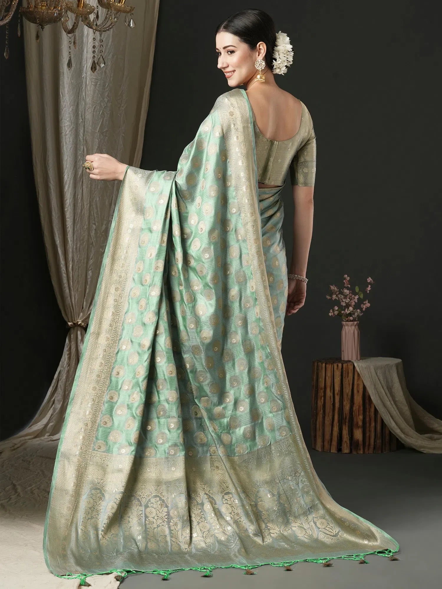 Sea Green Satin Saree - Designer Sarees India