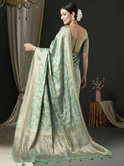Women's Satin Sea Green Woven Design Designer Saree With Blouse Piece-AQRIUSDLX04D