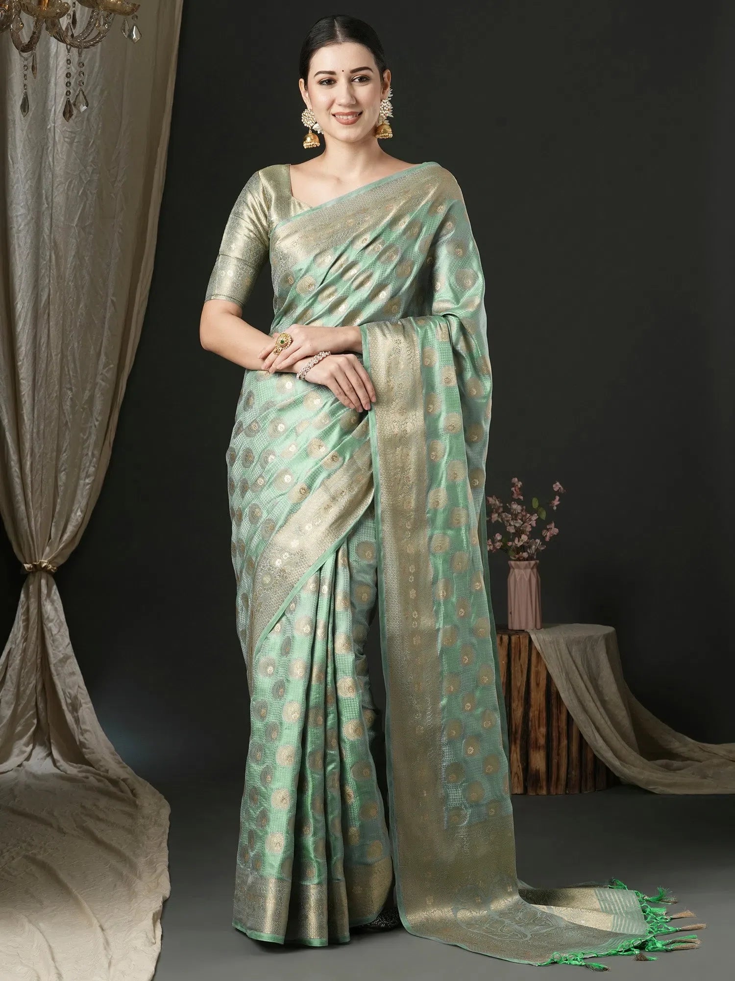 Sea Green Satin Saree - Designer Sarees India