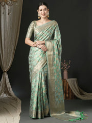 Women's Satin Sea Green Woven Design Designer Saree With Blouse Piece-AQRIUSDLX04D