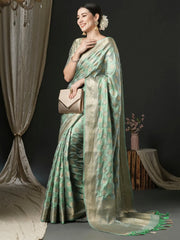 Women's Satin Sea Green Woven Design Designer Saree With Blouse Piece-AQRIUSDLX04D