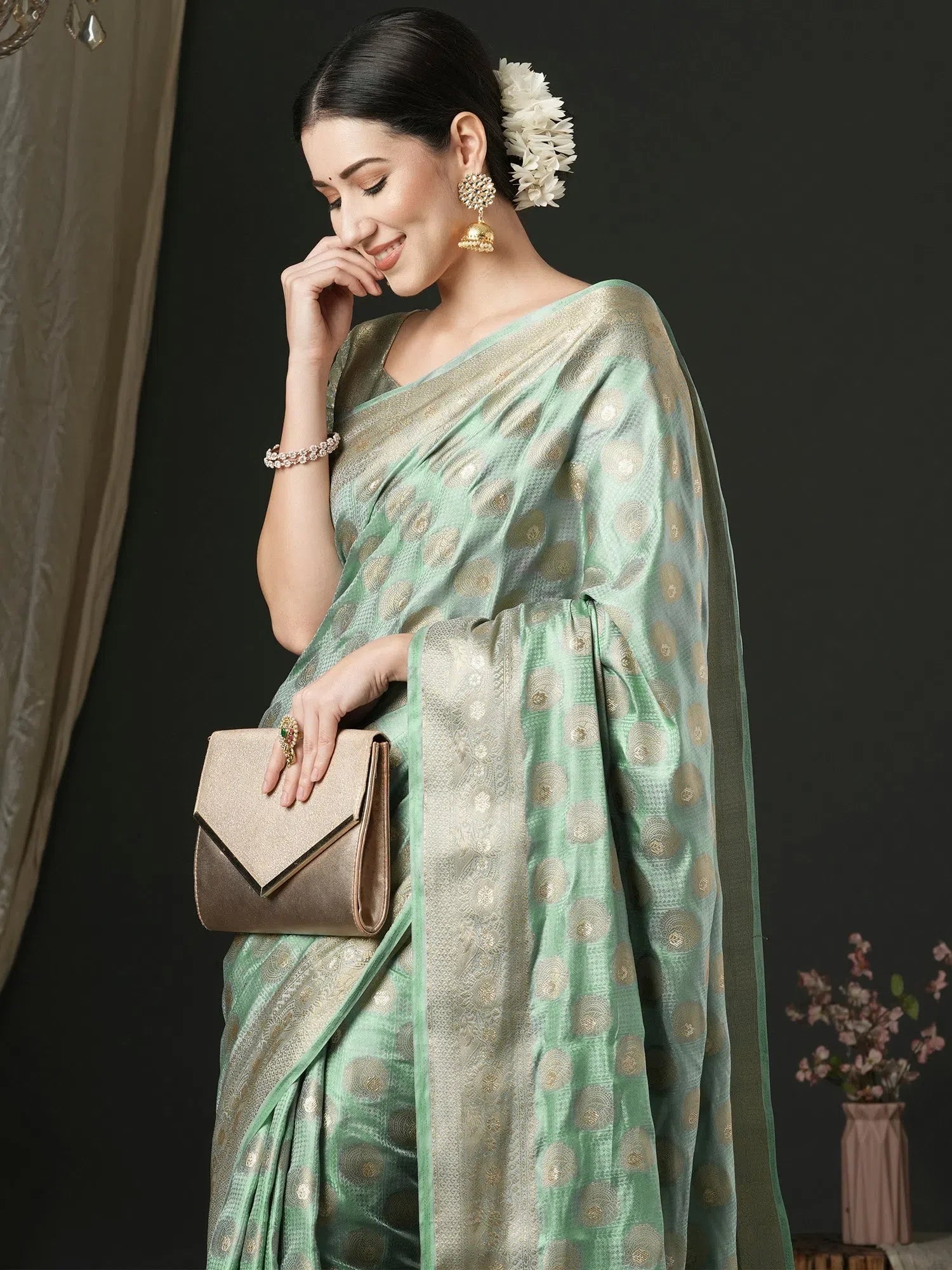 Sea Green Satin Saree - Designer Sarees India