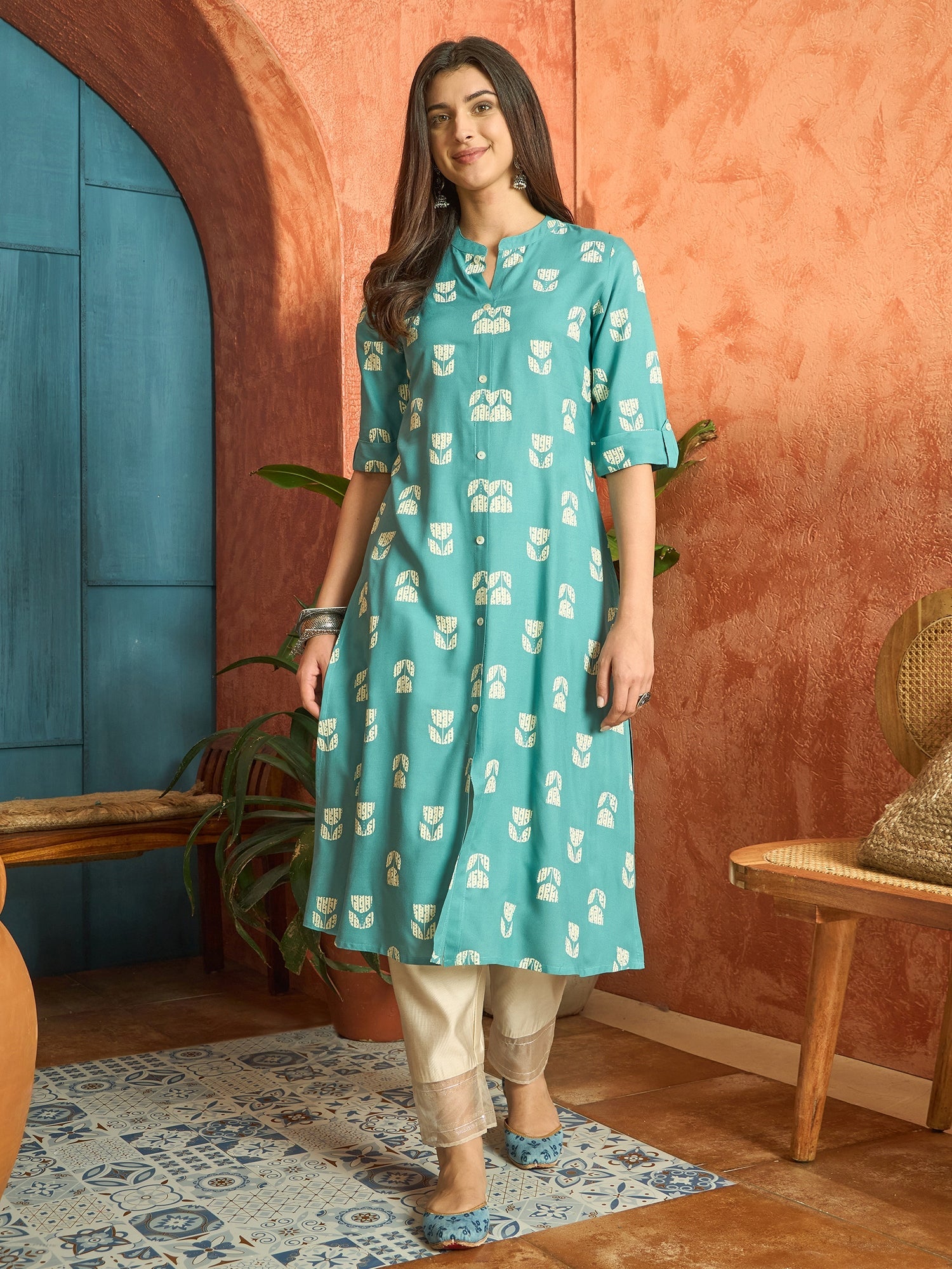 Women's Aqua Floral Printed Rayon A-Line Kurta (AQUACRAFT) | DesiQlo