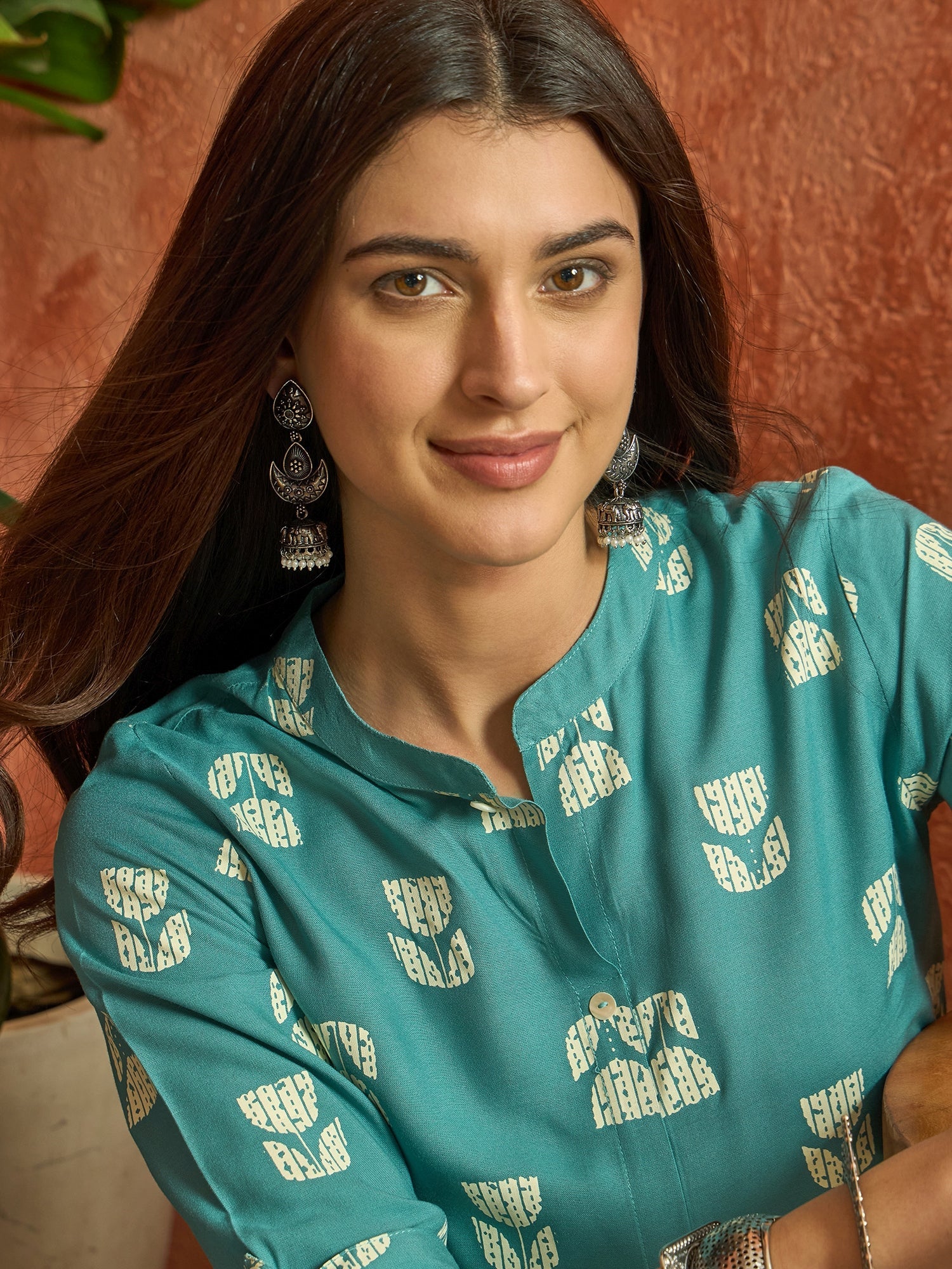 Women's Aqua Floral Printed Rayon A-Line Kurta (AQUACRAFT) | DesiQlo