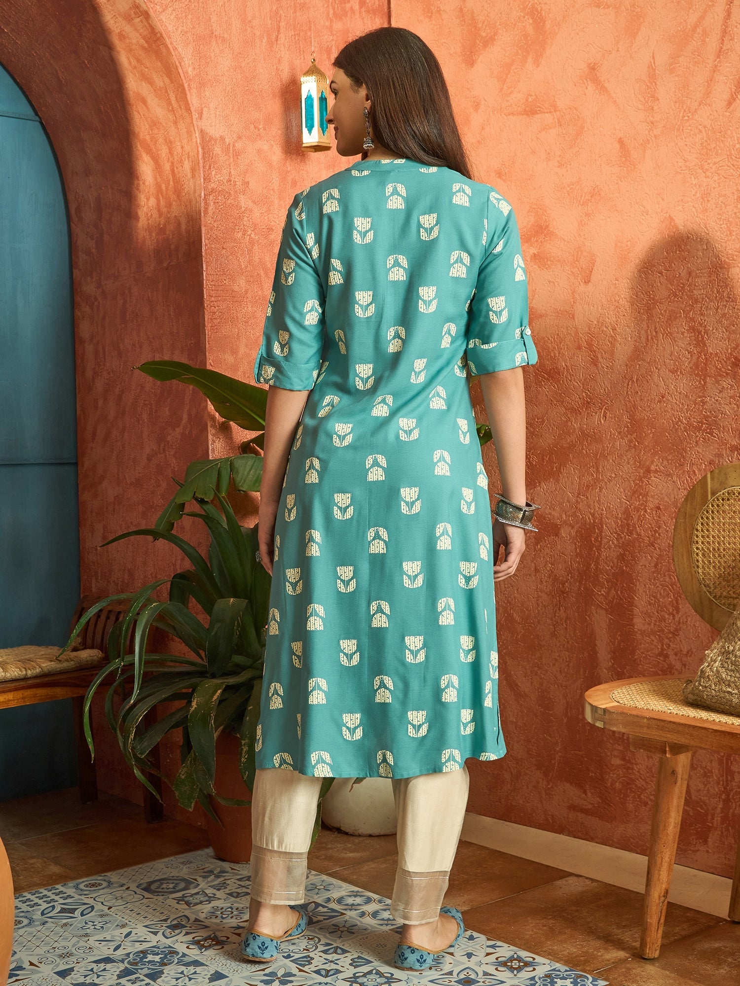 Women's Aqua Floral Printed Rayon A-Line Kurta (AQUACRAFT) | DesiQlo