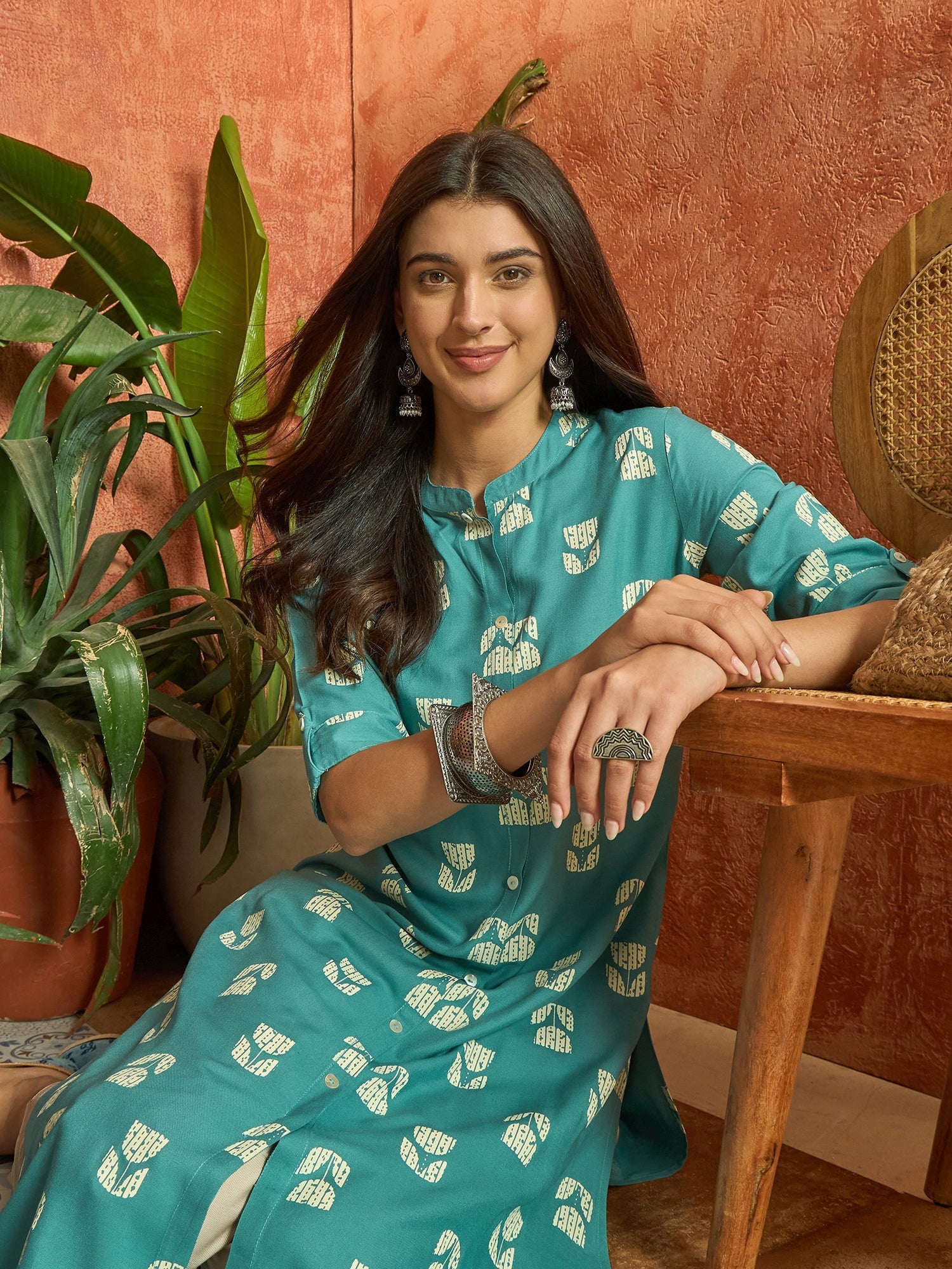 Women's Aqua Floral Printed Rayon A-Line Kurta (AQUACRAFT) | DesiQlo