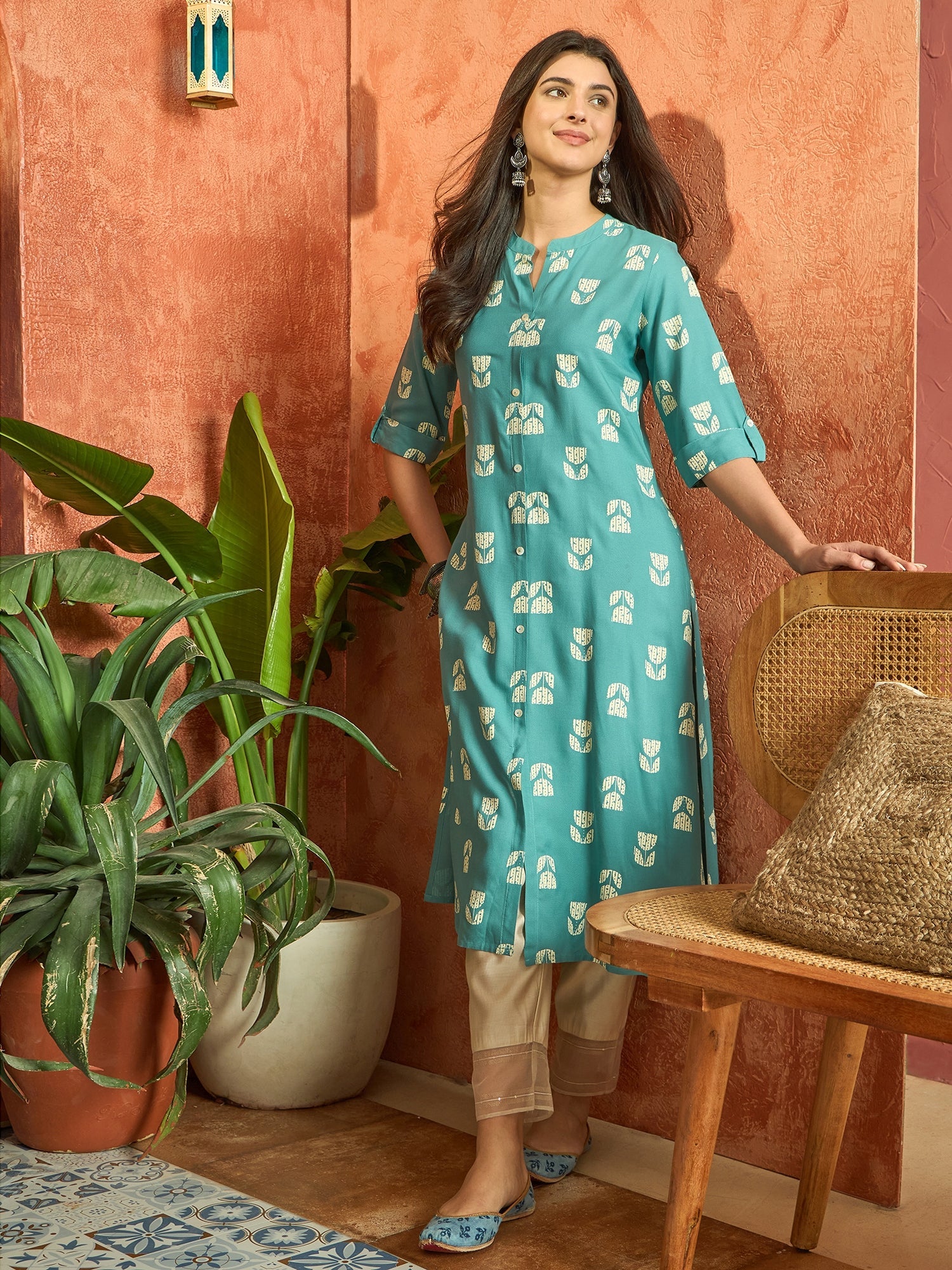 Women's Aqua Floral Printed Rayon A-Line Kurta (AQUACRAFT) | DesiQlo
