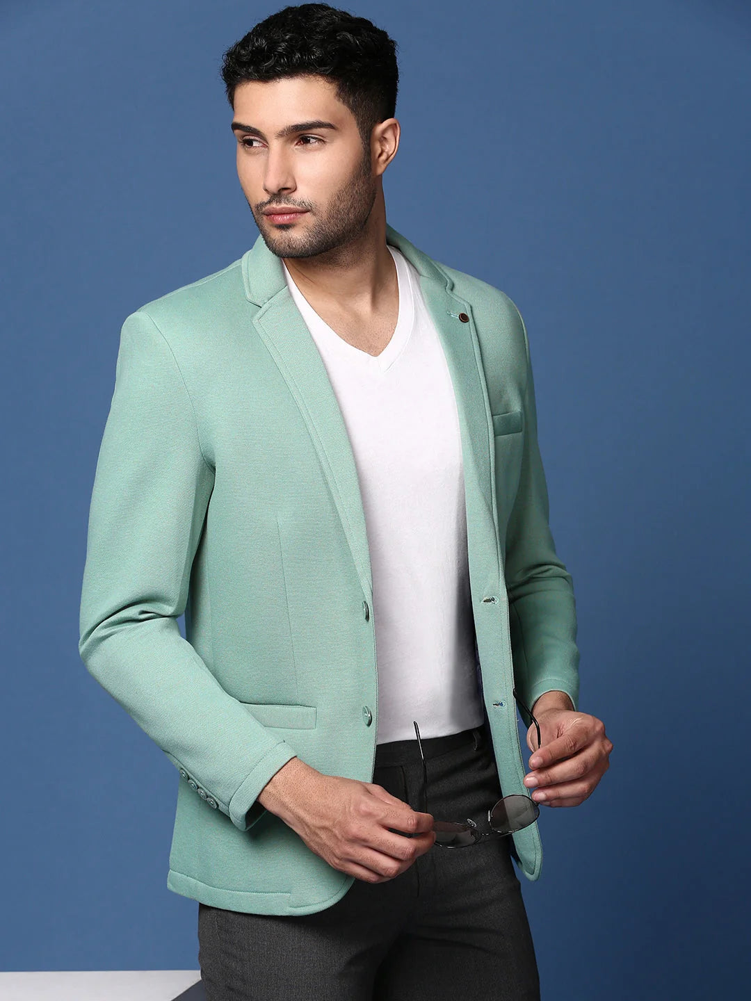 Sea Green Slim Fit Blazer - Men's Nehru Collar Jacket | DesiQlo