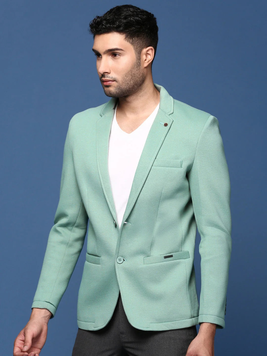 Sea Green Slim Fit Blazer - Men's Nehru Collar Jacket | DesiQlo