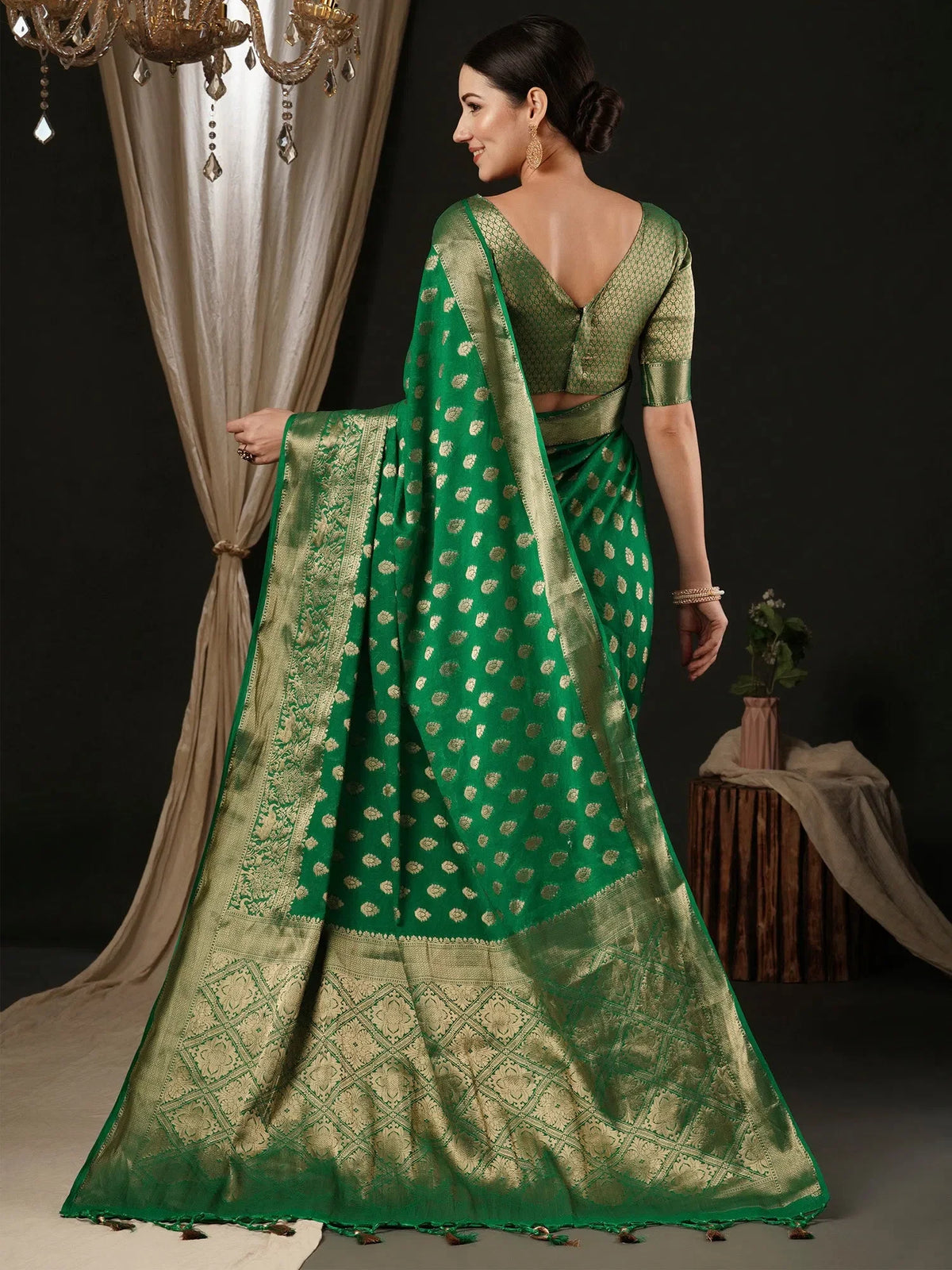 Women's Georgette Teal Green Woven Design Designer Saree With Blouse Piece-ARIES02E