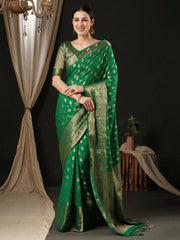 Women's Georgette Teal Green Woven Design Designer Saree With Blouse Piece-ARIES02E