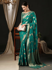 Women's Georgette Light Blue Woven Design Designer Saree With Blouse Piece-ARIES04C