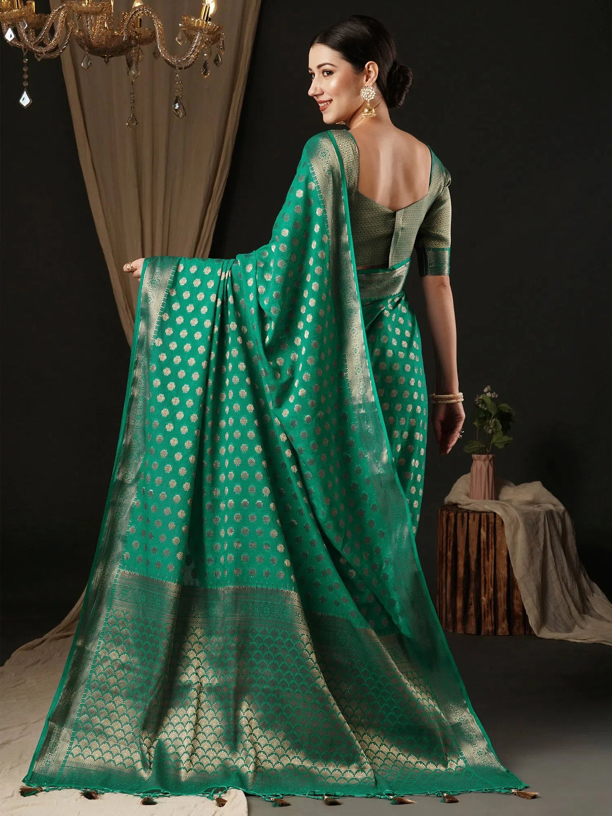 Women's Georgette Turquoise Woven Design Designer Saree With Blouse Piece-ARIES05B