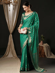 Women's Georgette Turquoise Woven Design Designer Saree With Blouse Piece-ARIES05B