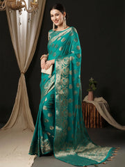 Women's Georgette Light Blue Woven Design Designer Saree With Blouse Piece-ARIES06B