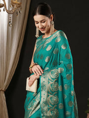 Women's Georgette Light Blue Woven Design Designer Saree With Blouse Piece-ARIES06B