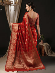 Women's Georgette Red Woven Design Designer Saree With Blouse Piece-ARIES06D